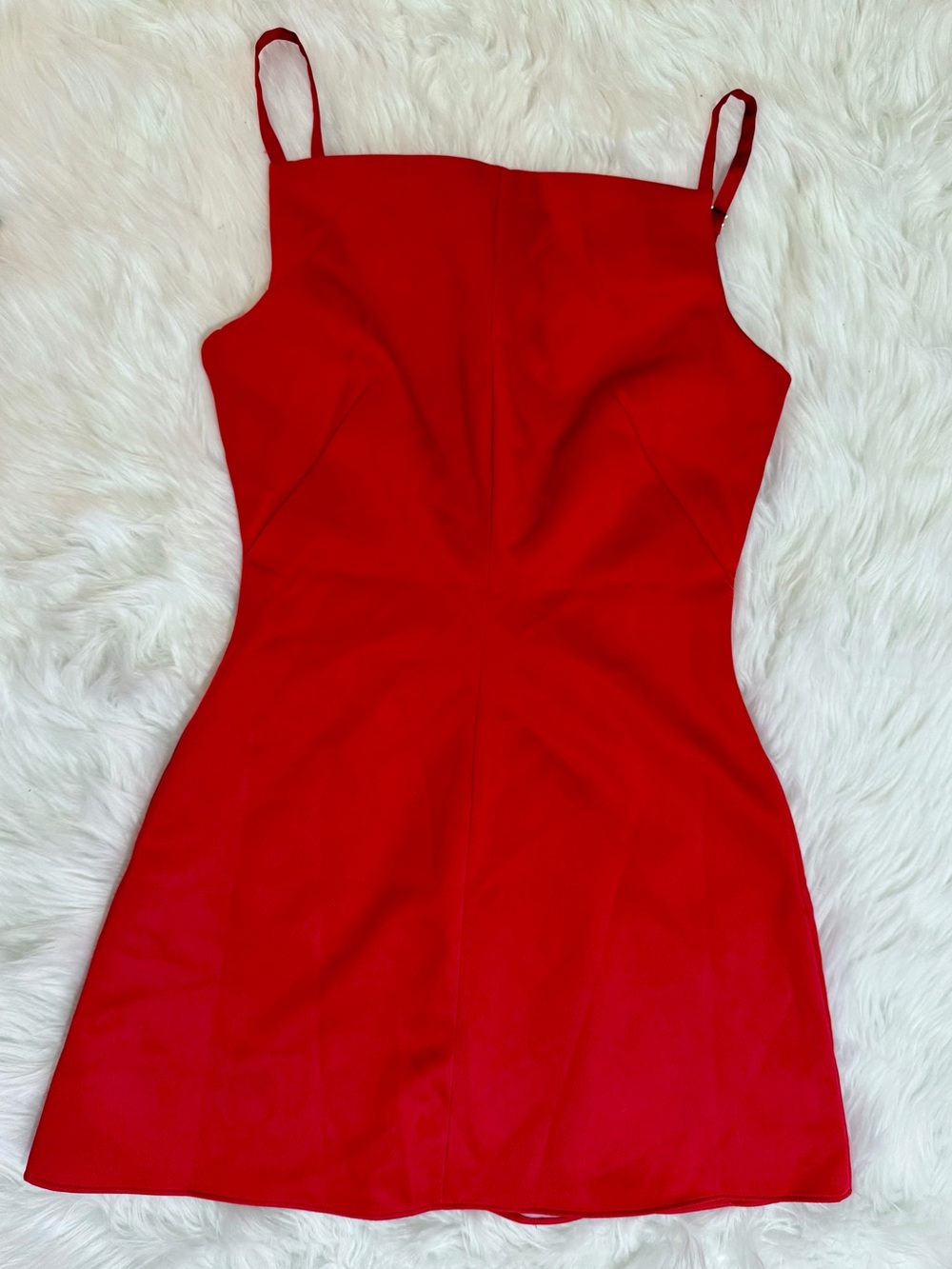 House of CB Dainty Scarlet Red Satin Square Neck A-Line Mini Dress S NWOT - Picture 2 of 14